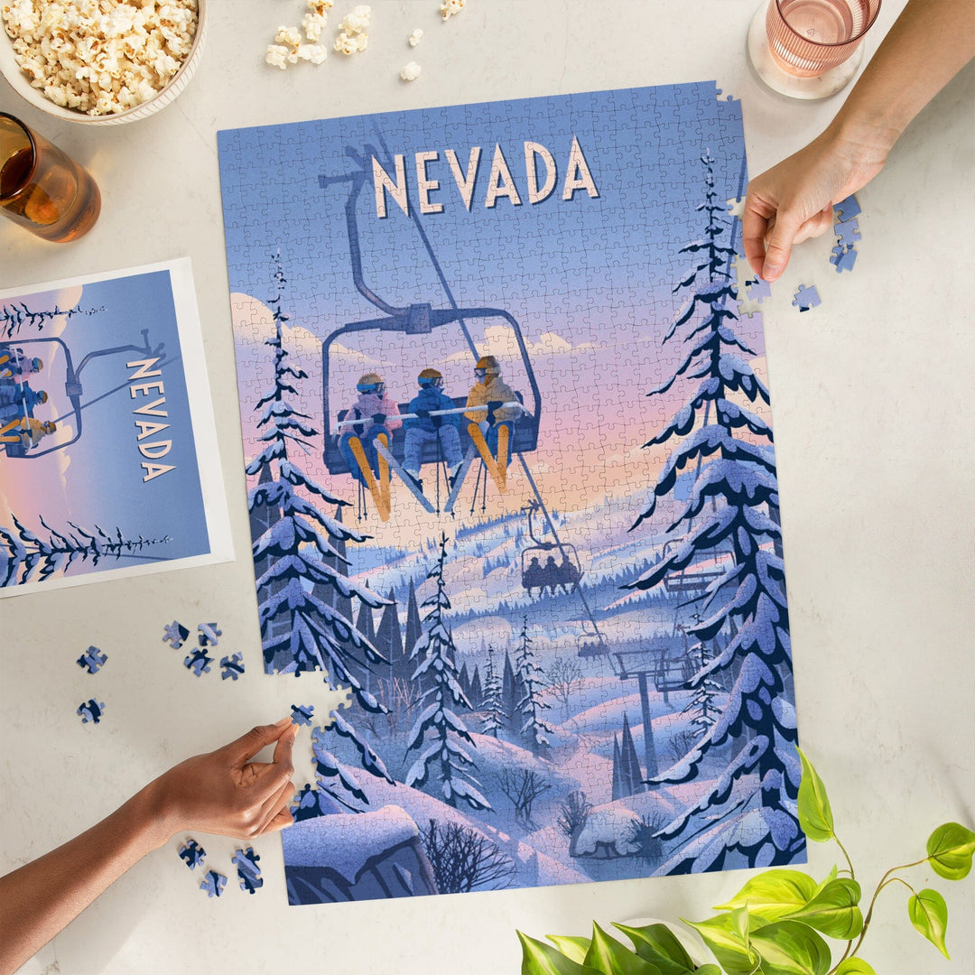 Nevada, Chill on the Uphill, Ski Lift, Jigsaw Puzzle Puzzle Lantern Press 