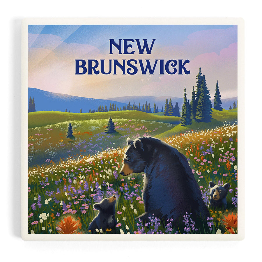 New Brunswick, Lithograph, Bear Family in Field, Coasters Coasters Lantern Press 
