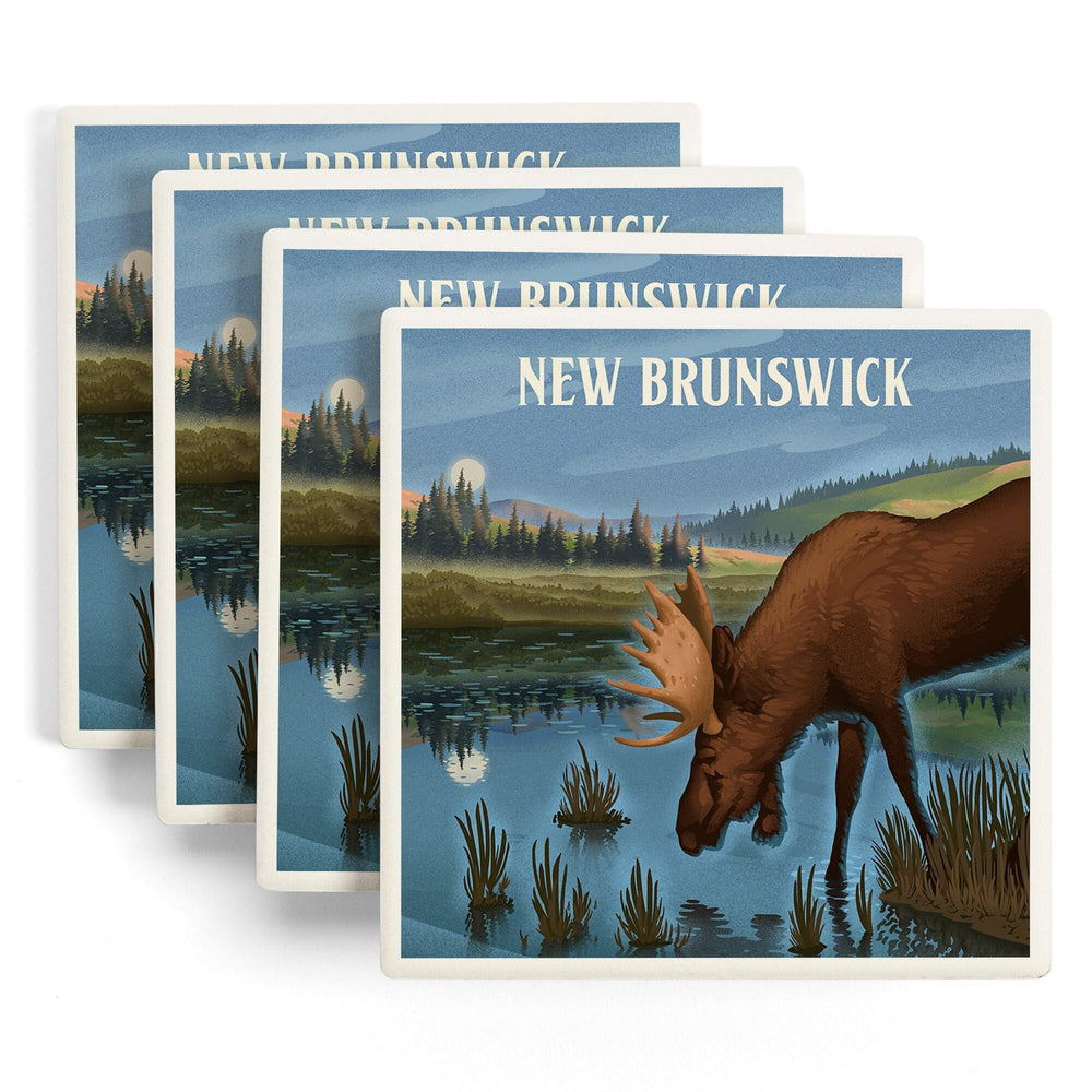 New Brunswick, Lithograph, Reflection Pond and Bull Moose, Coasters Coasters Lantern Press 