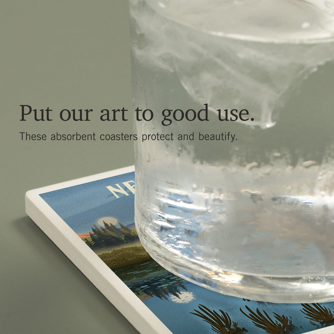 New Brunswick, Lithograph, Reflection Pond and Bull Moose, Coasters Coasters Lantern Press 