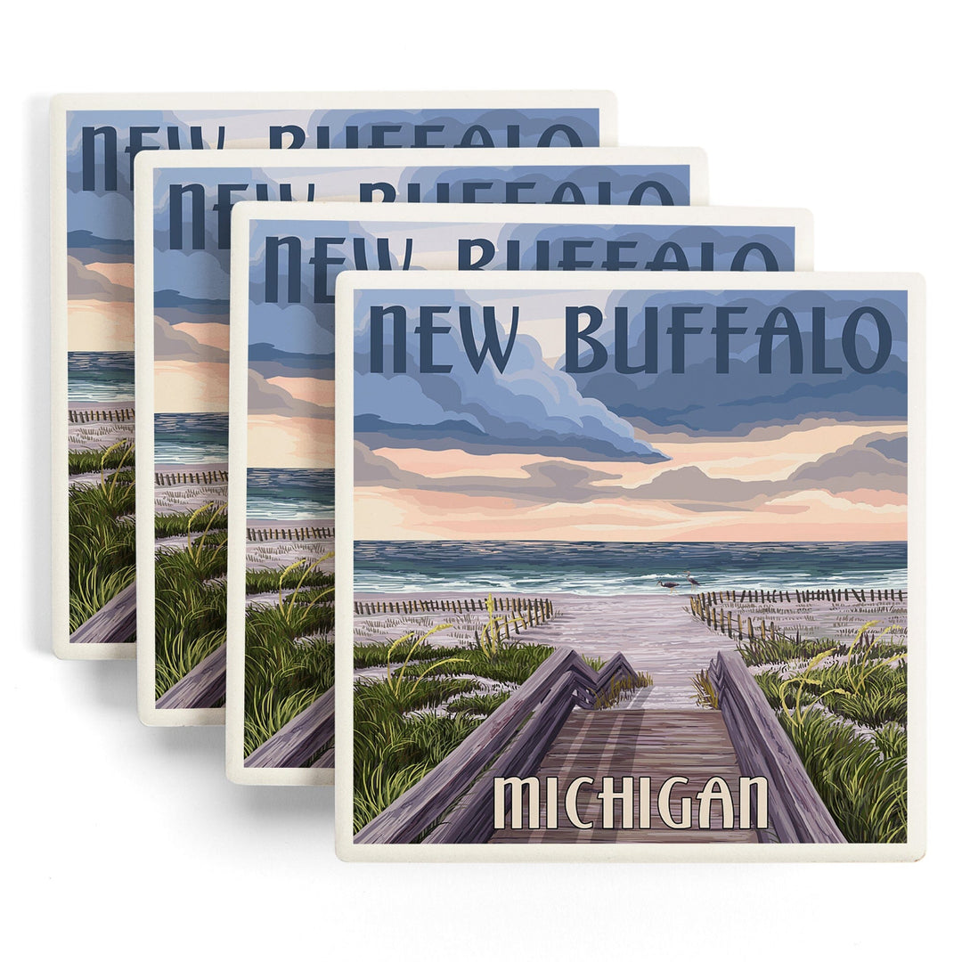 New Buffalo, Michigan, Beach Scene, Lantern Press Artwork, Coaster Set Coasters Lantern Press 