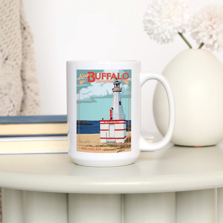 New Buffalo, Michigan, New Buffalo Lighthouse, Lantern Press Artwork, Ceramic Mug Mugs Lantern Press 