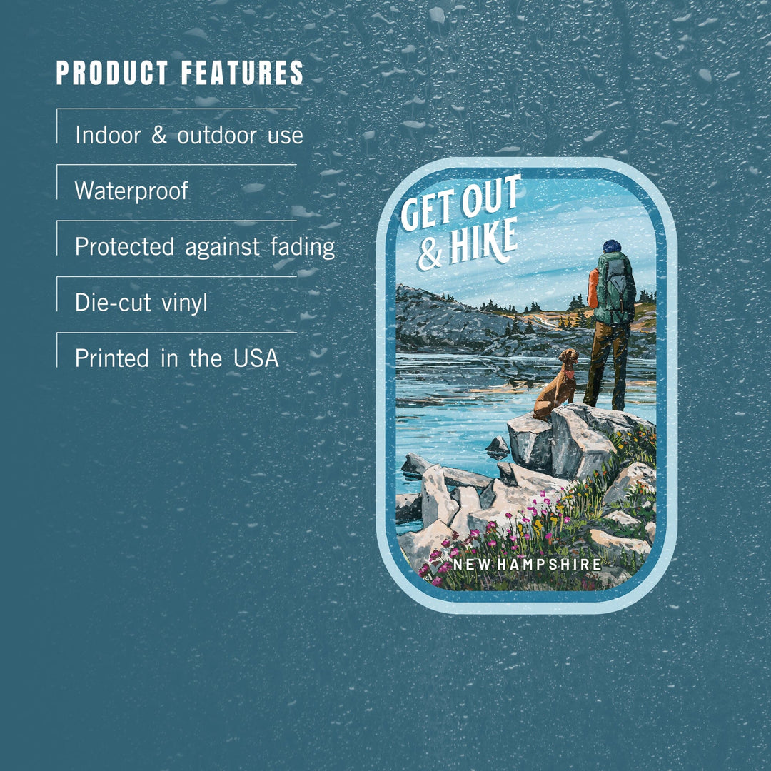New Hampshire, Get Out and Hike, Contour, Vinyl Sticker Sticker Lantern Press 