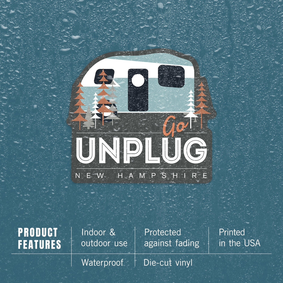 New Hampshire, Go Unplug (Retro Camper), Vector Style, Contour, Vinyl Sticker Sticker Lantern Press 