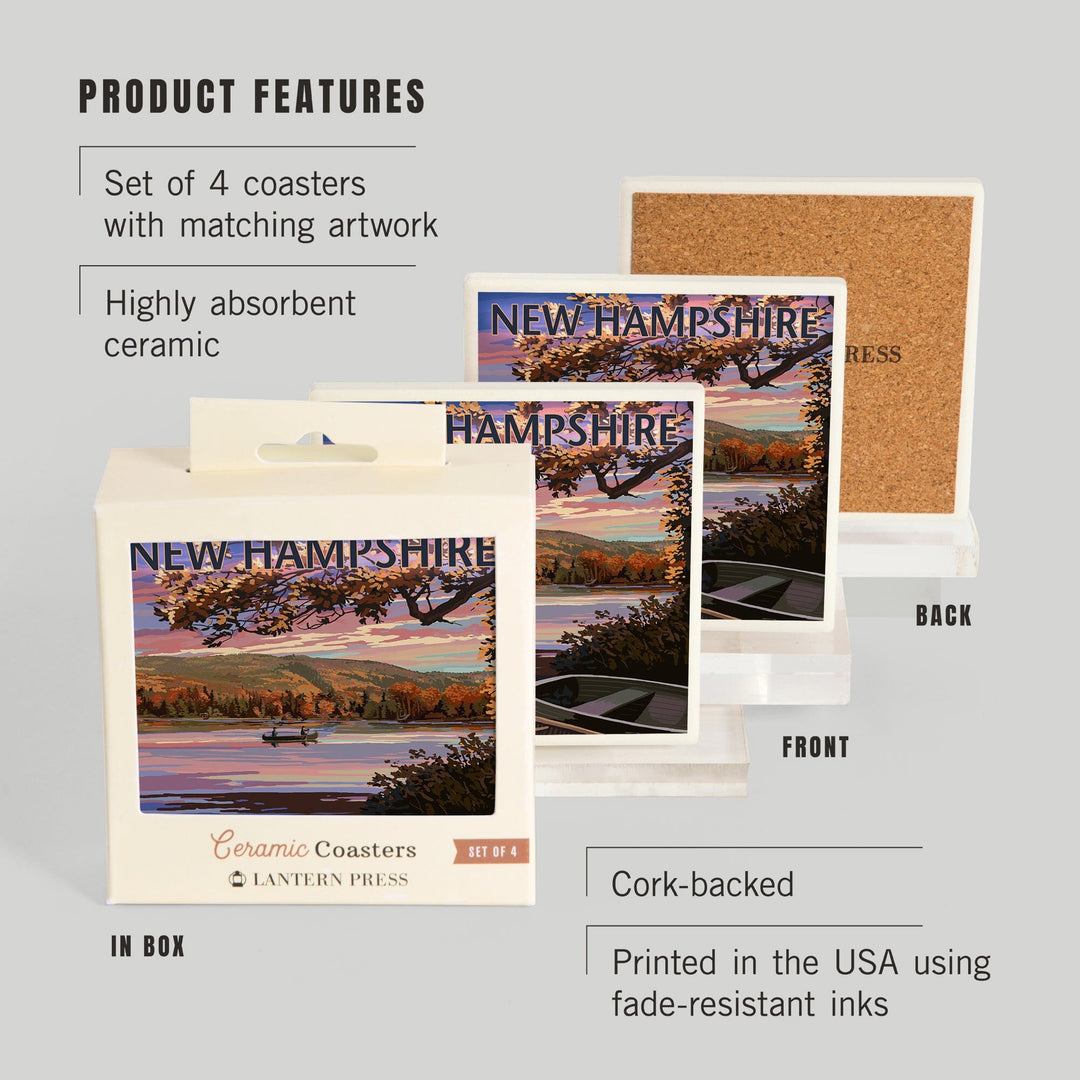 New Hampshire, Lake at Dusk, Lantern Press Artwork, Coaster Set Coasters Lantern Press 