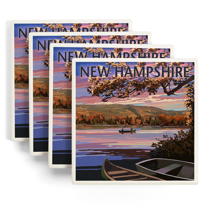 New Hampshire, Lake at Dusk, Lantern Press Artwork, Coaster Set Coasters Lantern Press 