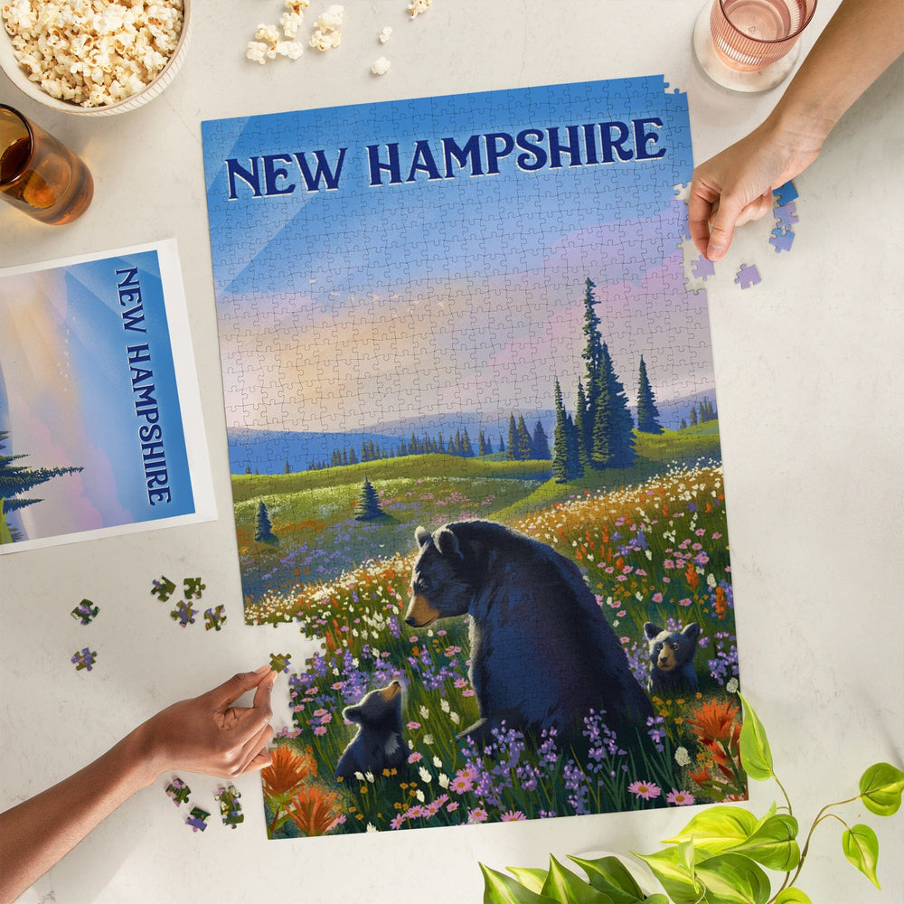 New Hampshire, Lithograph, Bear Family in Field, Jigsaw Puzzle Puzzle Lantern Press 