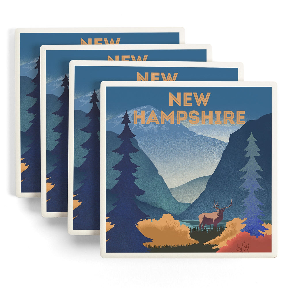New Hampshire, Lithograph, Elk and Mountains Scene, Coasters Coasters Lantern Press 