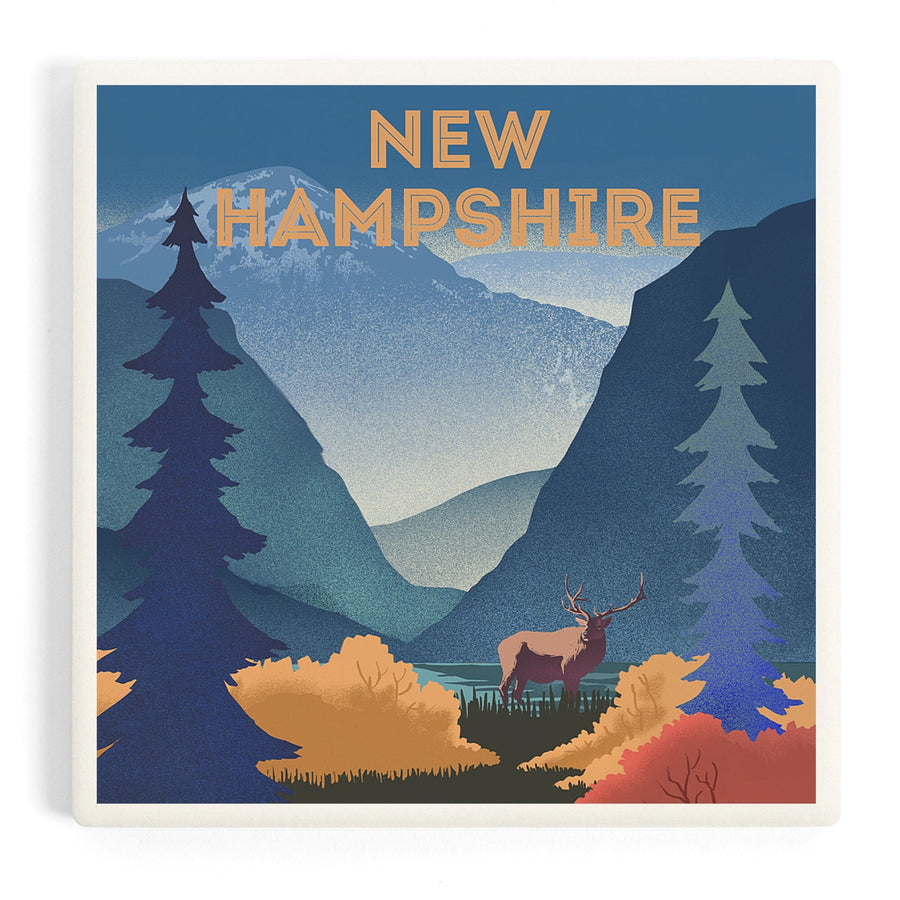 New Hampshire, Lithograph, Elk and Mountains Scene, Coasters Coasters Lantern Press 