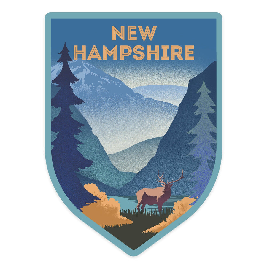 New Hampshire, Lithograph, Elk and Mountains Scene, Contour, Vinyl Sticker Sticker Lantern Press 