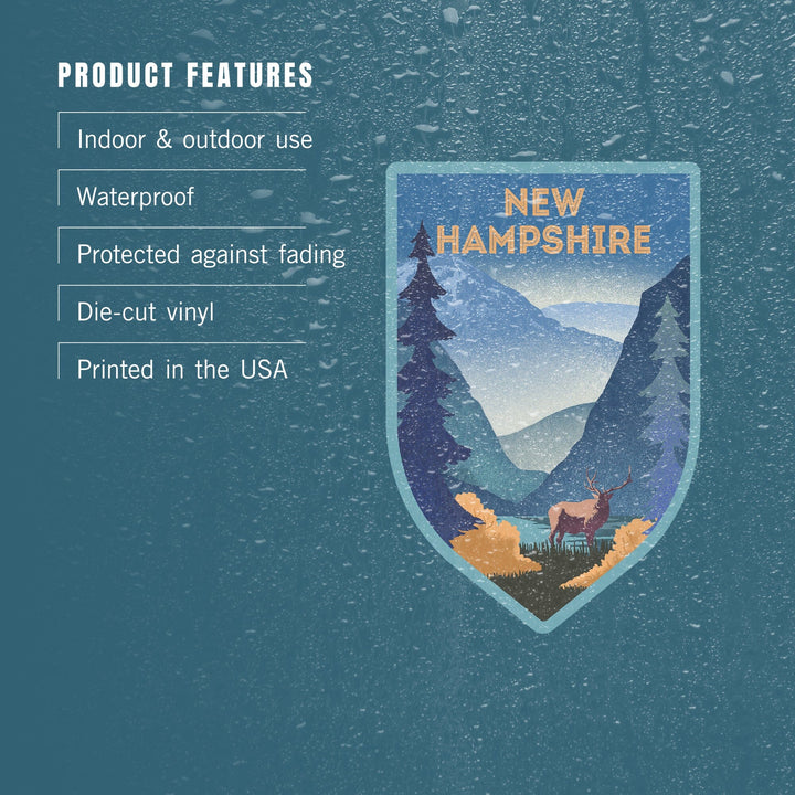 New Hampshire, Lithograph, Elk and Mountains Scene, Contour, Vinyl Sticker Sticker Lantern Press 
