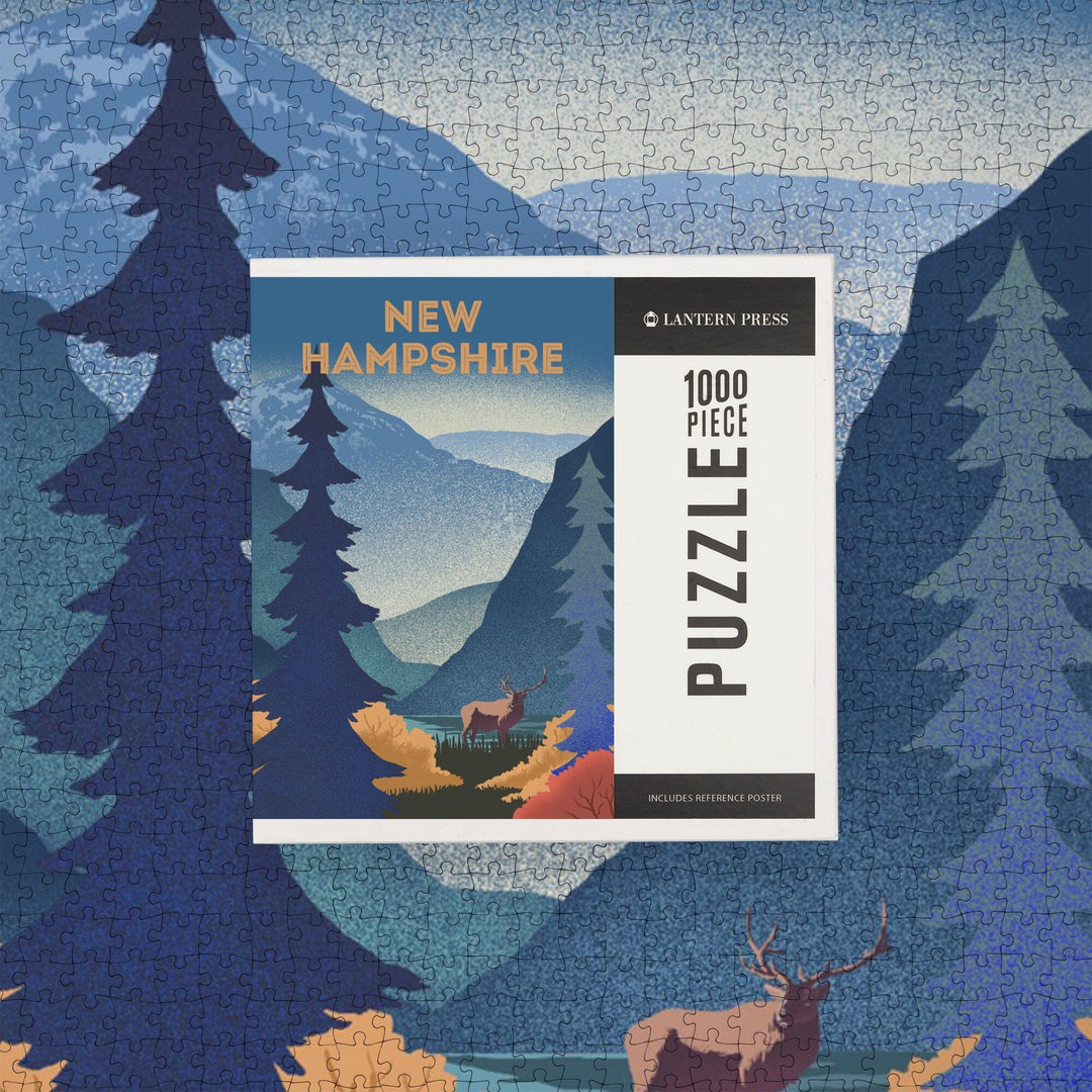 New Hampshire, Lithograph, Elk and Mountains Scene, Jigsaw Puzzle Puzzle Lantern Press 