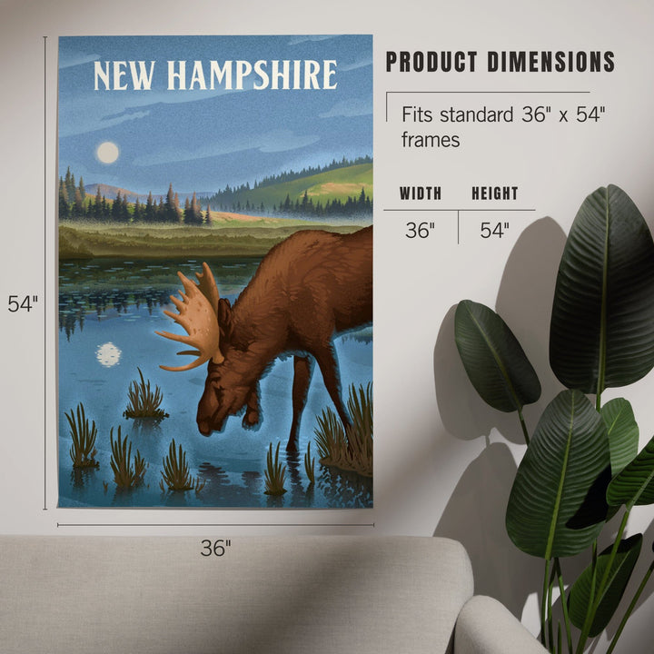 New Hampshire, Lithograph, Reflection Pond and Bull Moose, Art & Giclee Prints Art Lantern Press 