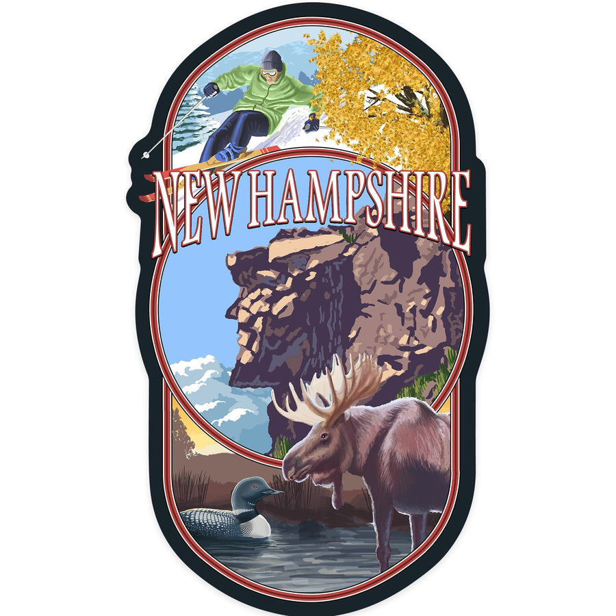 New Hampshire, Montage Scenes With Old Man, Contour, Vinyl Sticker Sticker Lantern Press 