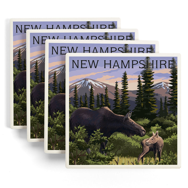 New Hampshire, Moose & Calf, Lantern Press Artwork, Coaster Set Coasters Lantern Press 