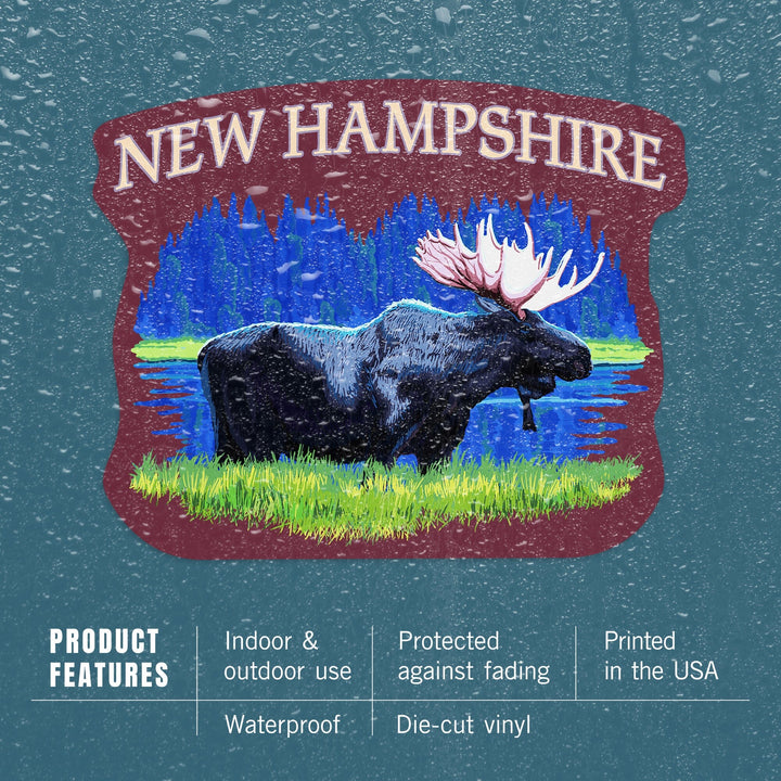 New Hampshire, Moose in the Moonlight, Contour, Vinyl Sticker Sticker Lantern Press 