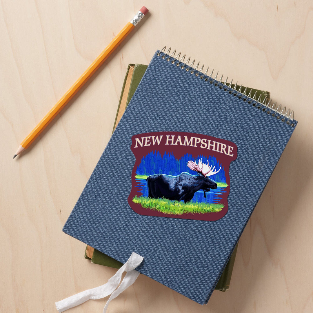 New Hampshire, Moose in the Moonlight, Contour, Vinyl Sticker Sticker Lantern Press 