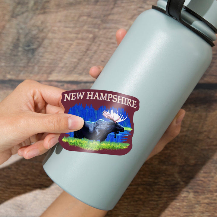 New Hampshire, Moose in the Moonlight, Contour, Vinyl Sticker Sticker Lantern Press 