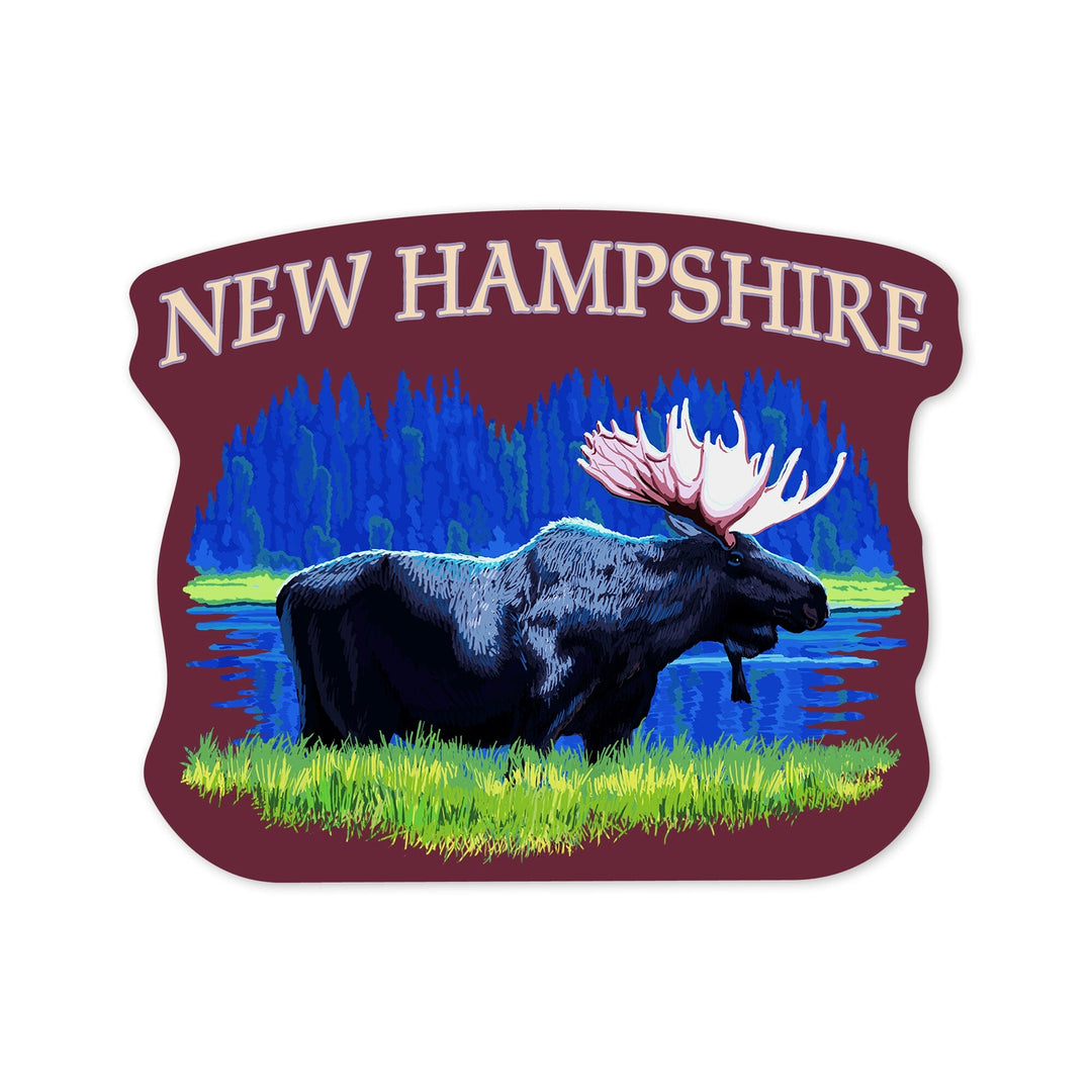 New Hampshire, Moose in the Moonlight, Contour, Vinyl Sticker Sticker Lantern Press 