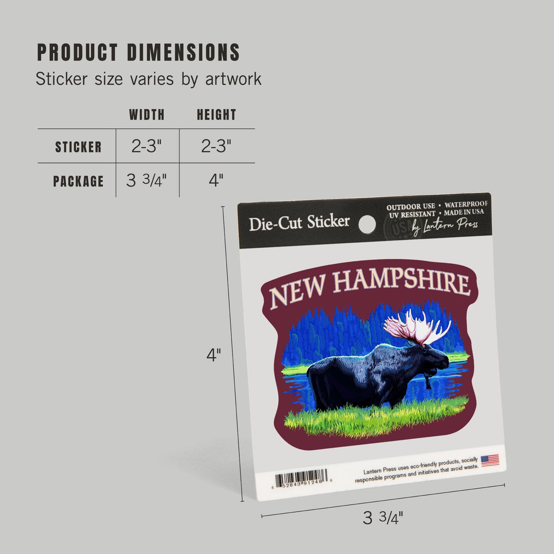 New Hampshire, Moose in the Moonlight, Contour, Vinyl Sticker Sticker Lantern Press 