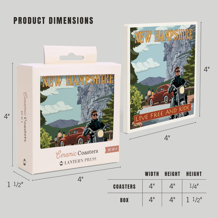 New Hampshire, Motorcycle Scene and Old Man of the Mountain, Coasters Coasters Lantern Press 