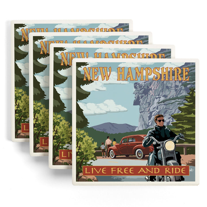 New Hampshire, Motorcycle Scene and Old Man of the Mountain, Coasters Coasters Lantern Press 