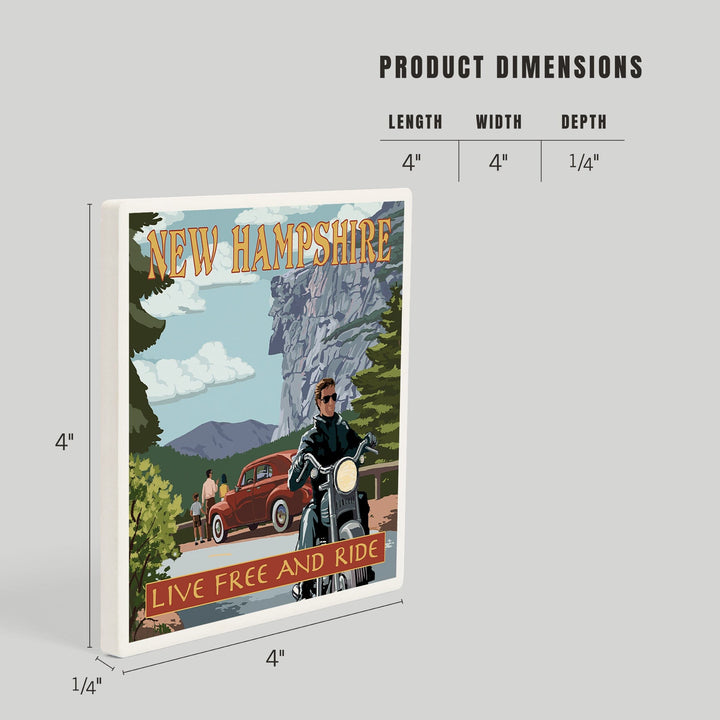 New Hampshire, Motorcycle Scene and Old Man of the Mountain, Coasters Coasters Lantern Press 