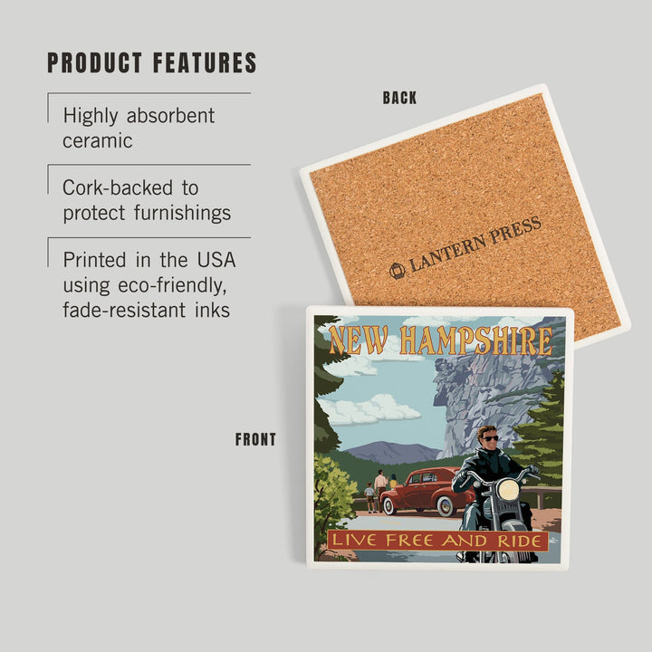 New Hampshire, Motorcycle Scene and Old Man of the Mountain, Coasters Coasters Lantern Press 