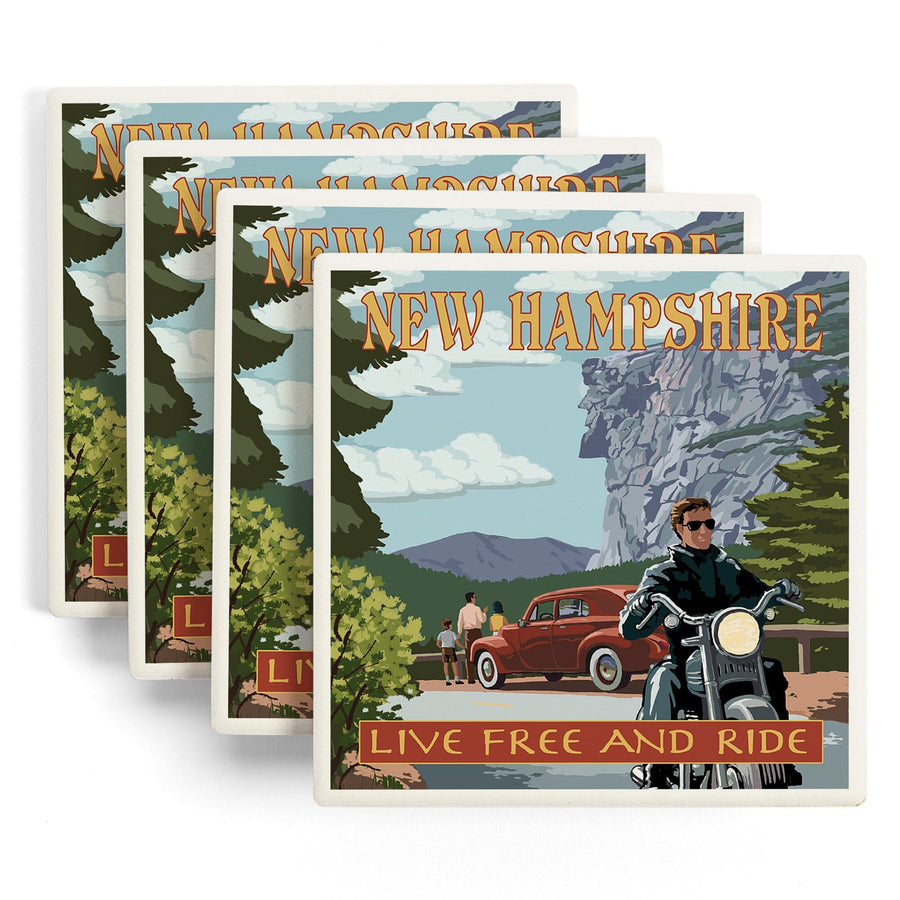 New Hampshire, Motorcycle Scene and Old Man of the Mountain, Lantern Press Artwork, Coaster Set Coasters Lantern Press 