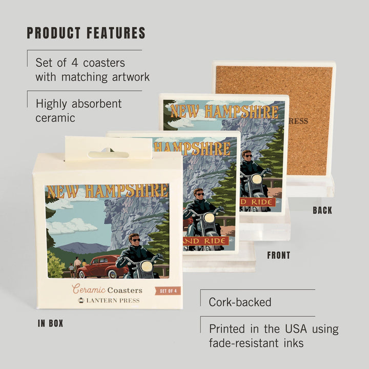 New Hampshire, Motorcycle Scene and Old Man of the Mountain, Lantern Press Artwork, Coaster Set Coasters Lantern Press 