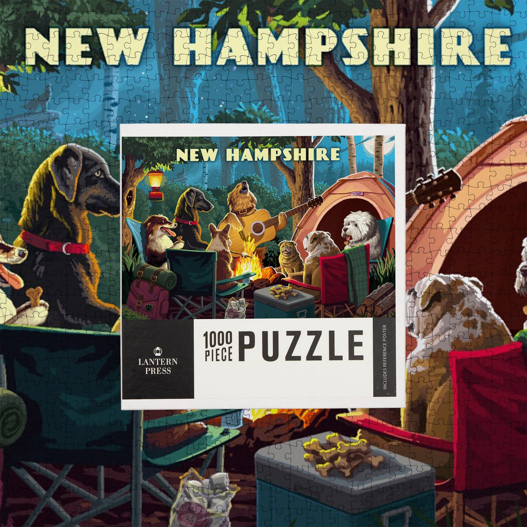 New Hampshire, Painterly, Pack Life, Dogs Around Campfire, Jigsaw Puzzle Puzzle Lantern Press 