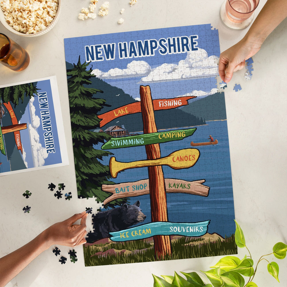 New Hampshire, Signpost, Lake and Bear, Jigsaw Puzzle Puzzle Lantern Press 