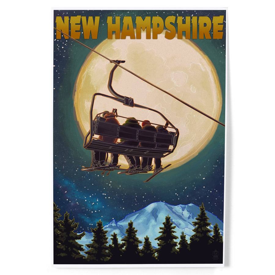 New Hampshire, Ski Lift and Full Moon, Art & Giclee Prints Art Lantern Press 