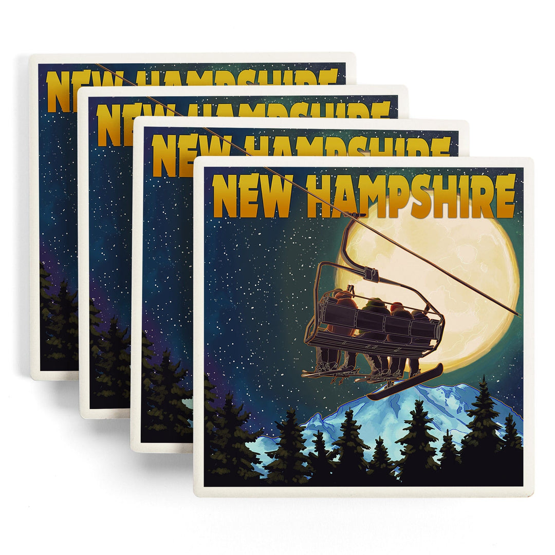 New Hampshire, Ski Lift & Full Moon, Lantern Press Artwork, Coaster Set Coasters Lantern Press 