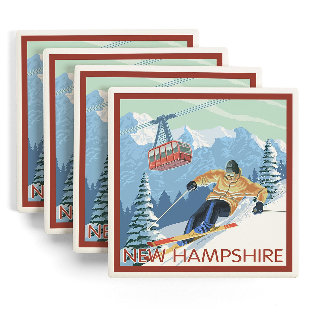 New Hampshire, Skier and Tram, Lantern Press Artwork, Coaster Set Coasters Lantern Press 