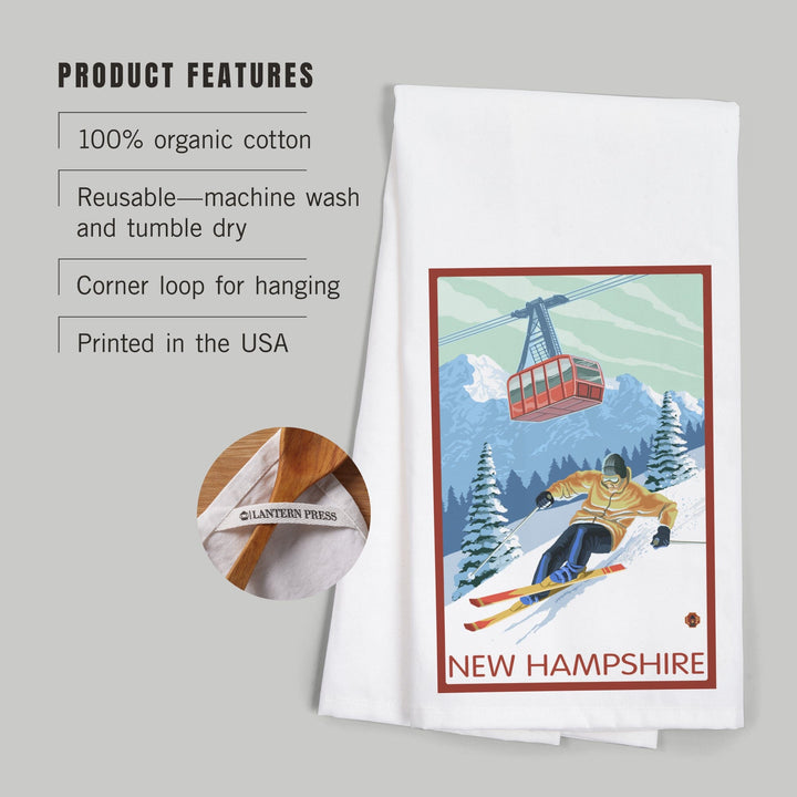 New Hampshire, Skier and Tram, Organic Cotton Kitchen Tea Towels Kitchen Lantern Press 