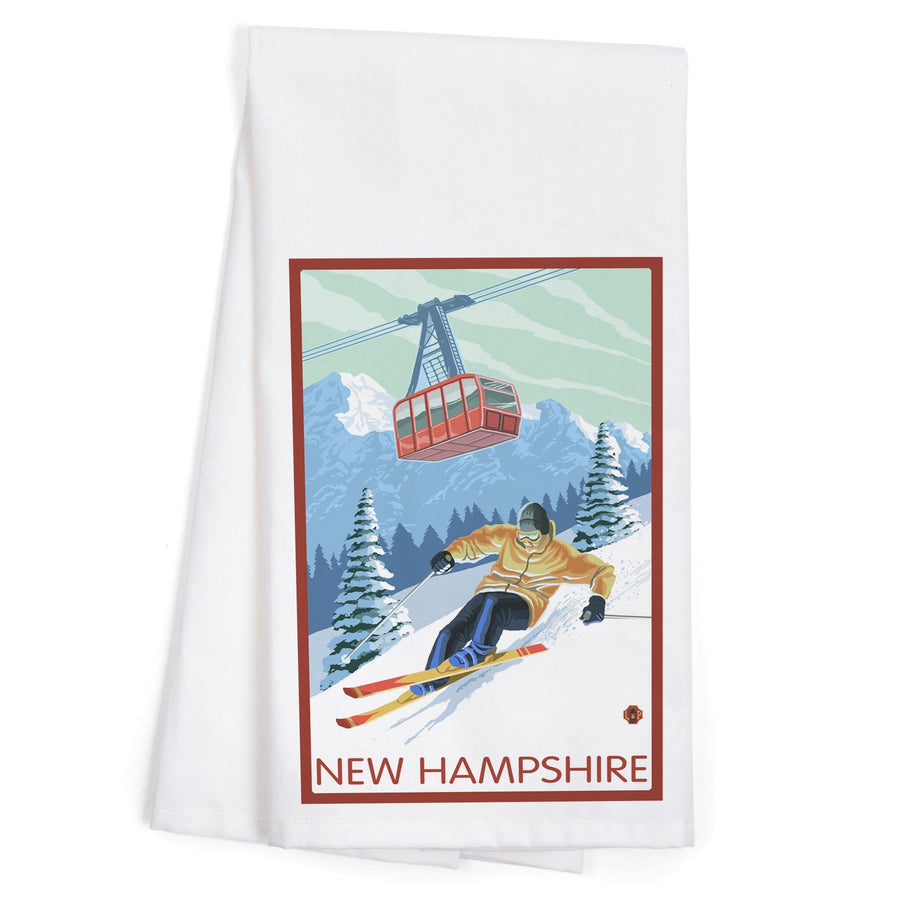 New Hampshire, Skier and Tram, Organic Cotton Kitchen Tea Towels Kitchen Lantern Press 