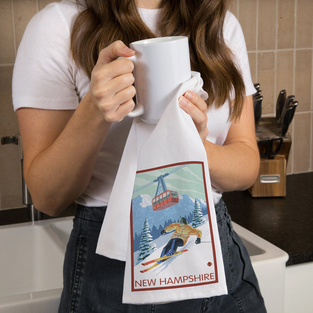 New Hampshire, Skier and Tram, Organic Cotton Kitchen Tea Towels Kitchen Lantern Press 