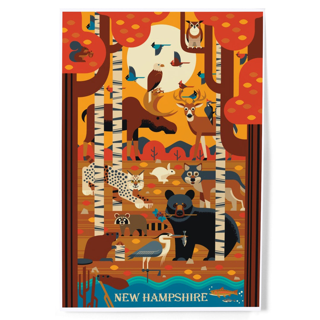 New Hampshire, Woodland Forest Animals, Fall, Geometric, Art & Giclee Prints Art Lantern Press 