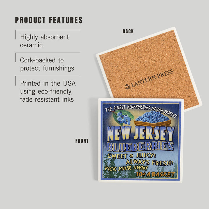 New Jersey, Blueberry Farm Vintage Sign, Coasters Coasters Lantern Press 