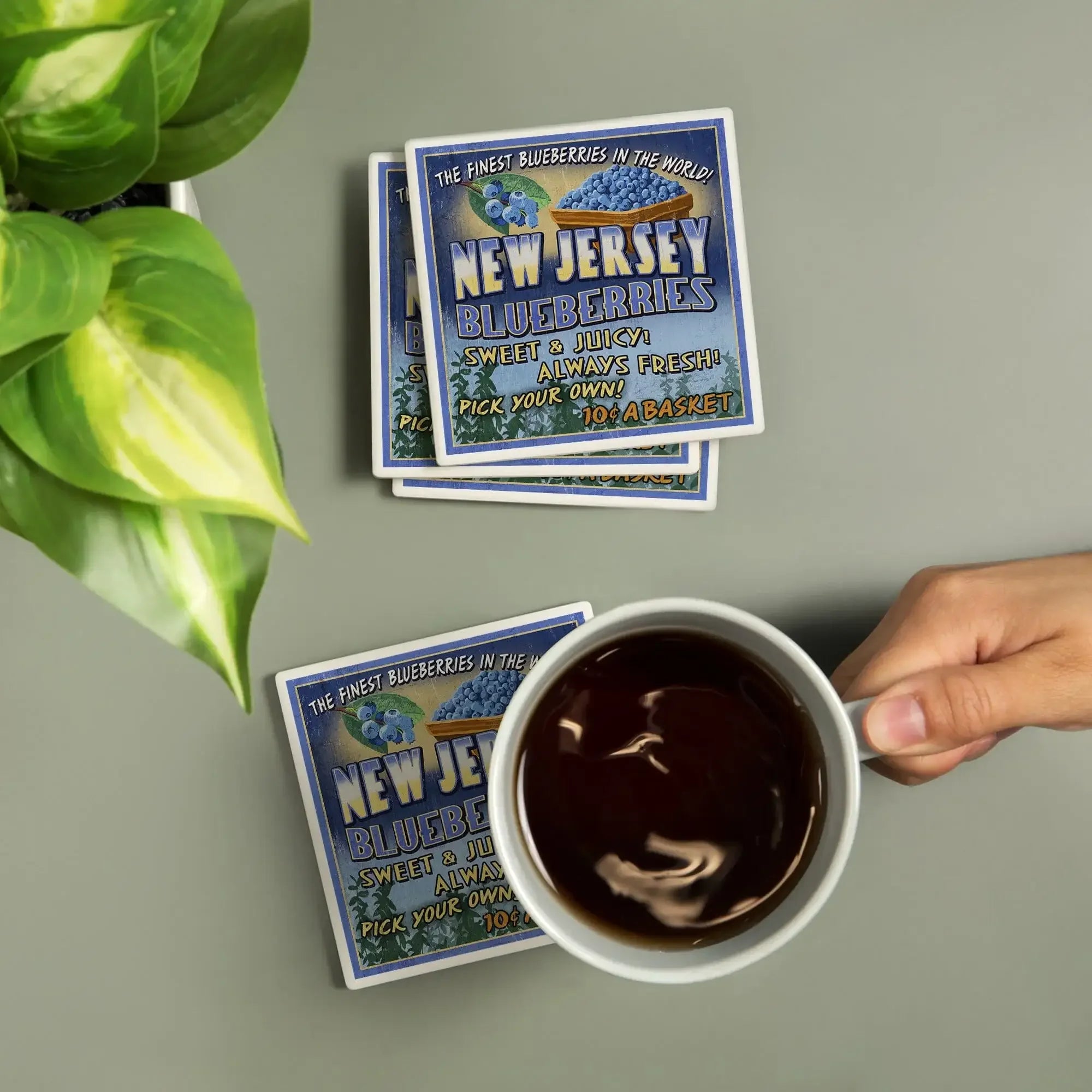 New Jersey, Blueberry Farm Vintage Sign ceramic coaster set