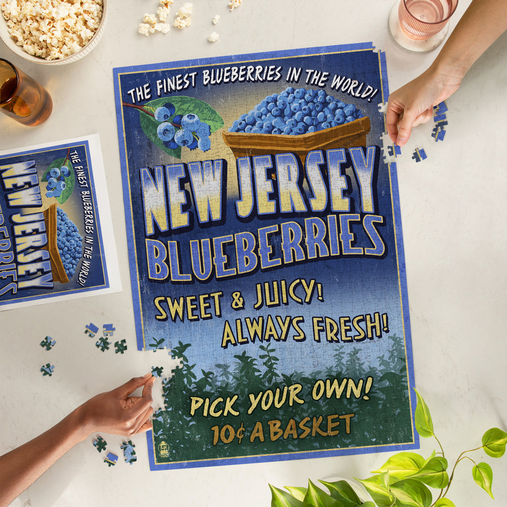 New Jersey, Blueberry Farm Vintage Sign, Jigsaw Puzzle Puzzle Lantern Press 