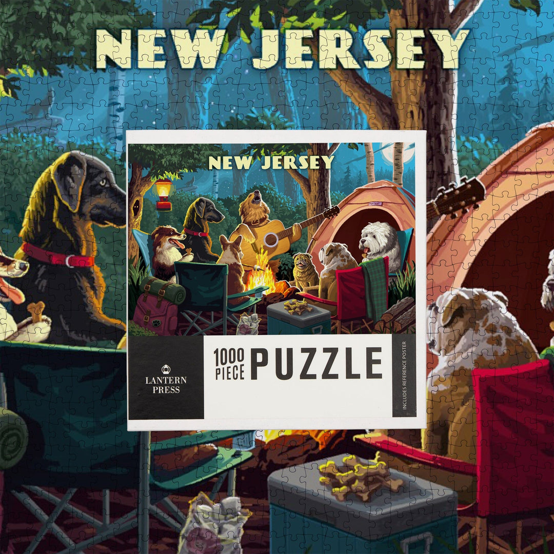New Jersey, Painterly, Pack Life, Dogs Around Campfire, Jigsaw Puzzle Puzzle Lantern Press 