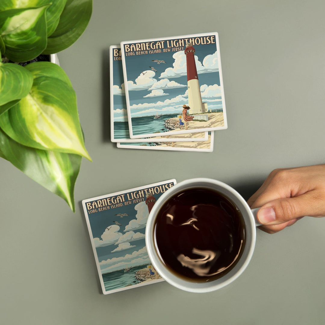 New Jersey Shore, Barnegat Lighthouse, Lantern Press Artwork, Coaster Set Coasters Lantern Press 