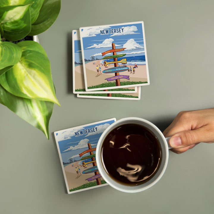 New Jersey, Signpost, Coast Beach with Pier, Coasters Coasters Lantern Press 