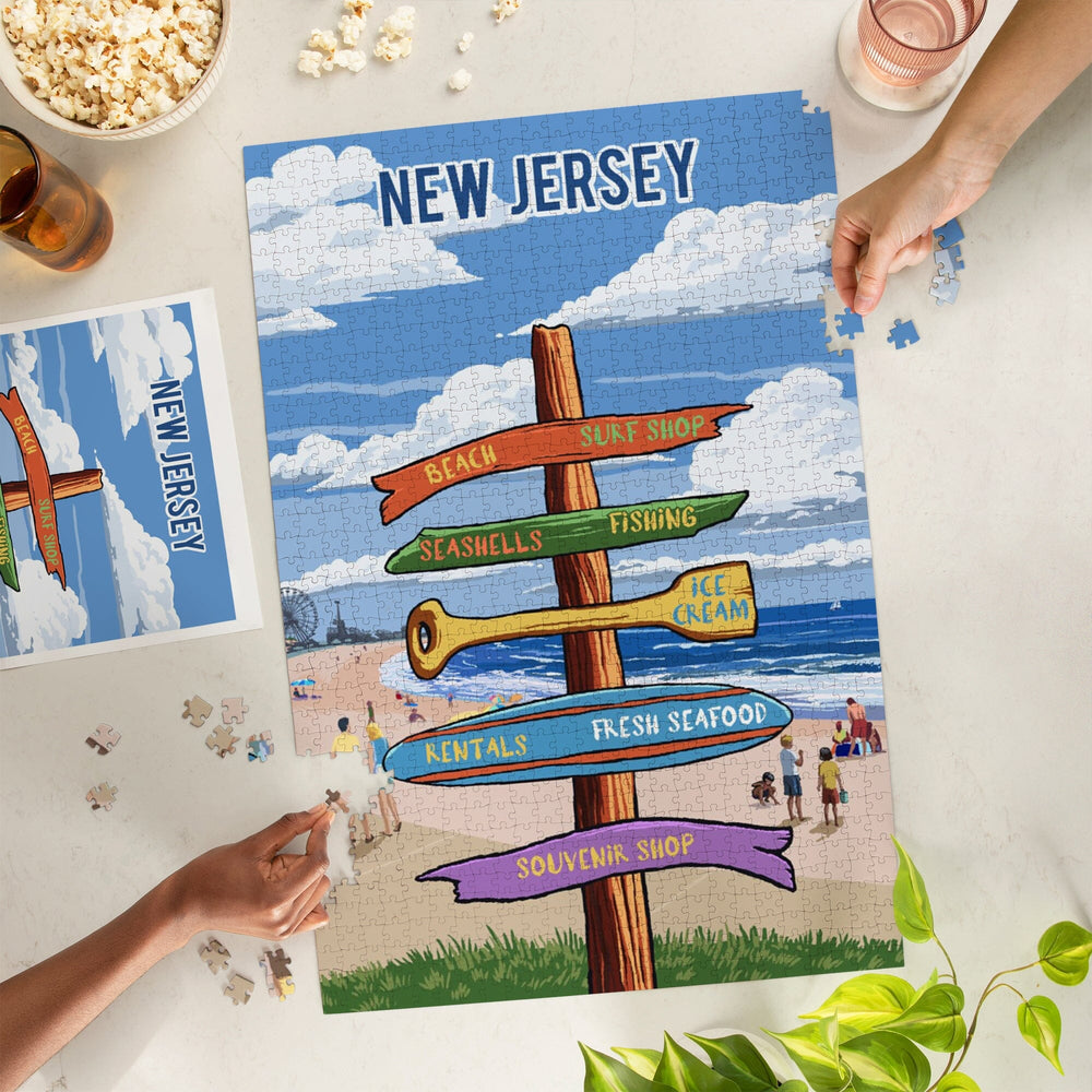 New Jersey, Signpost, Coast Beach with Pier, Jigsaw Puzzle Puzzle Lantern Press 
