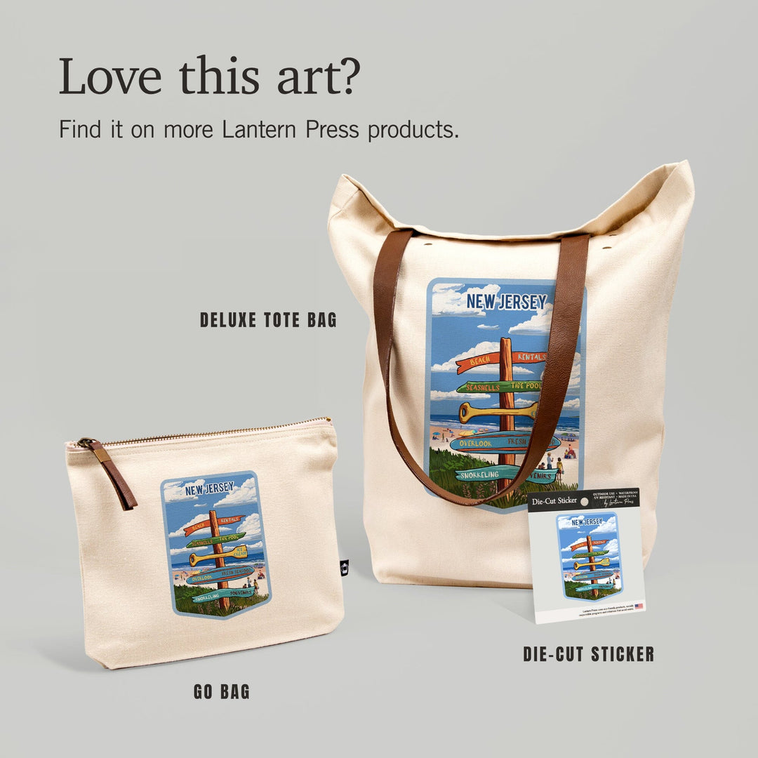 New Jersey, Signpost, Coast Beach with Umbrellas,, Organic Cotton Zipper Pouch, Go Bag Totes Lantern Press 
