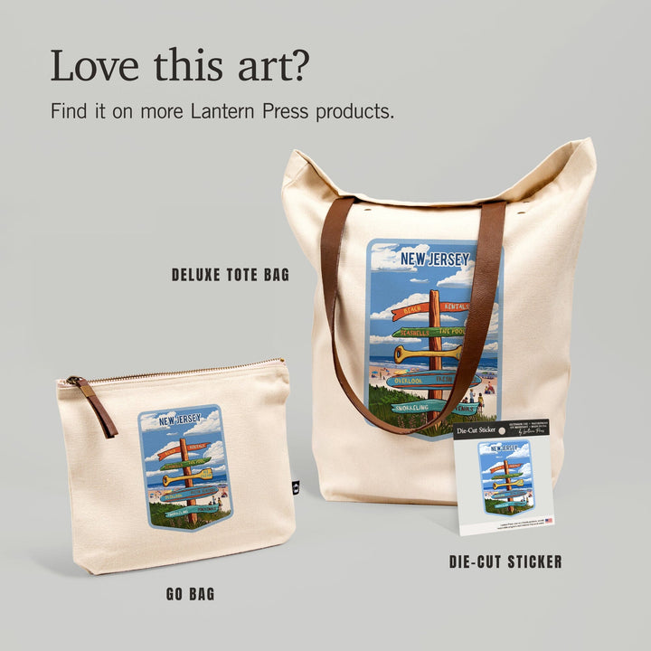 New Jersey, Signpost, Coast Beach with Umbrellas,, Organic Cotton Zipper Pouch, Go Bag Totes Lantern Press 
