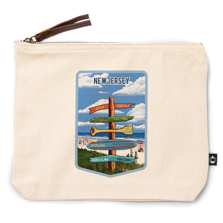 New Jersey, Signpost, Coast Beach with Umbrellas,, Organic Cotton Zipper Pouch, Go Bag Totes Lantern Press 