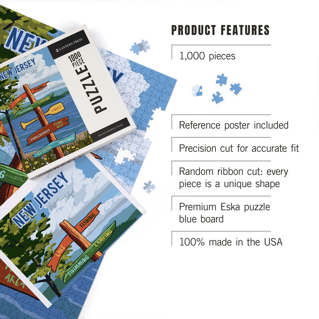 New Jersey, Signpost, Lake and Flowers, Jigsaw Puzzle Puzzle Lantern Press 
